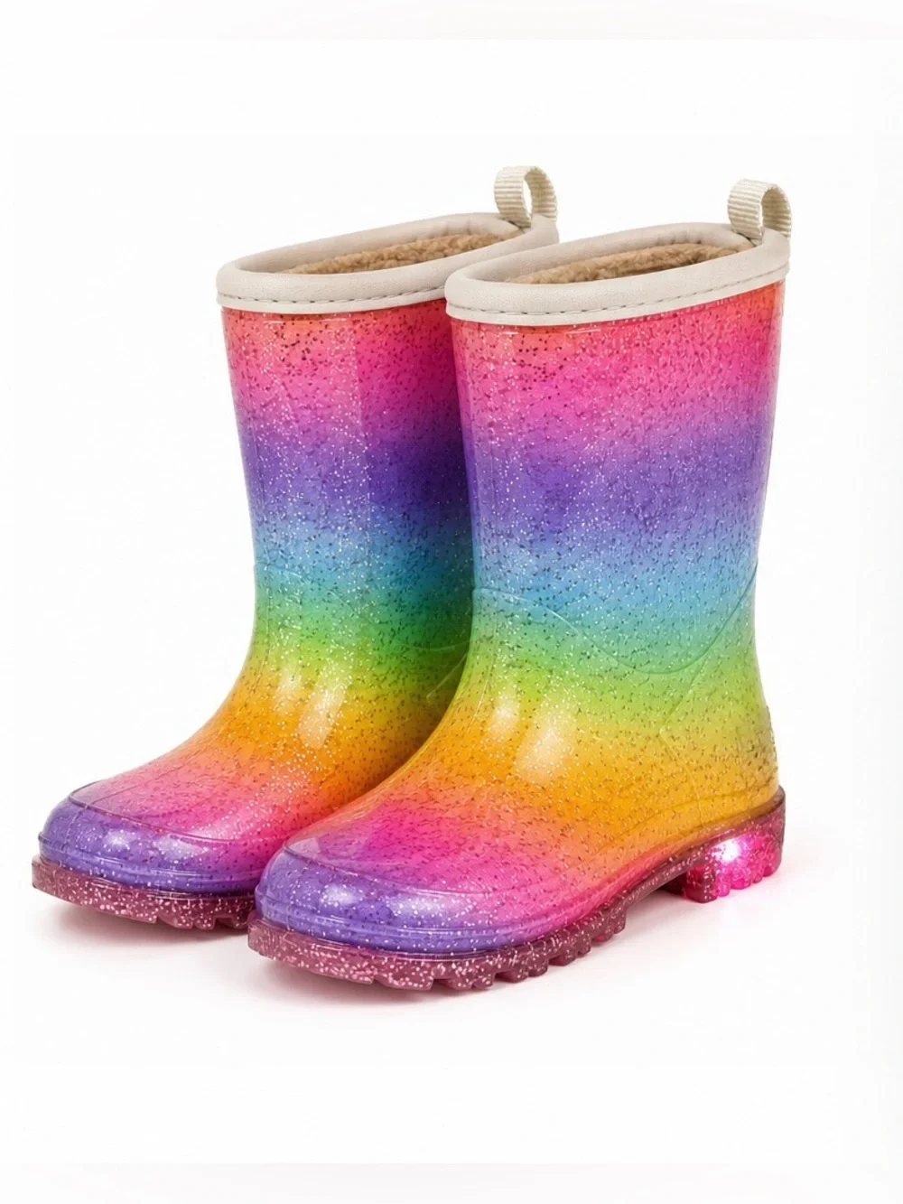 Western Chief Rainbow Sparkle Ombre Glitter Light-Up Fur-Lined Rain Boots Kids 7